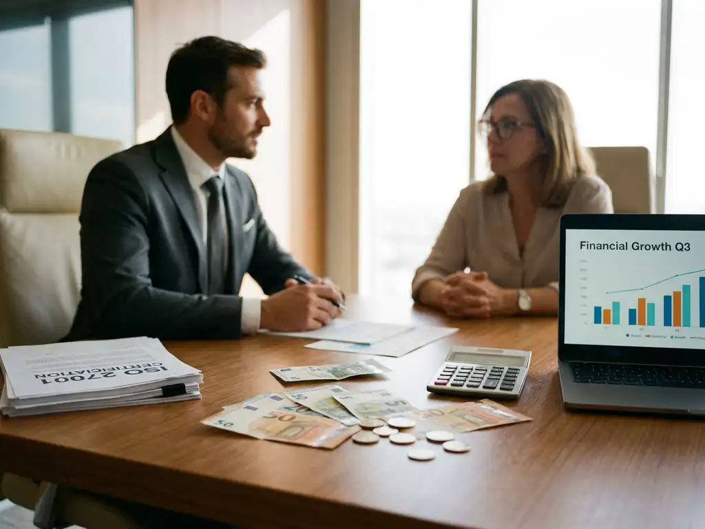 Professionele consultant met klant aan conferentietafel met laptop, ISO 27001 documenten en eurobiljetten in kantoor