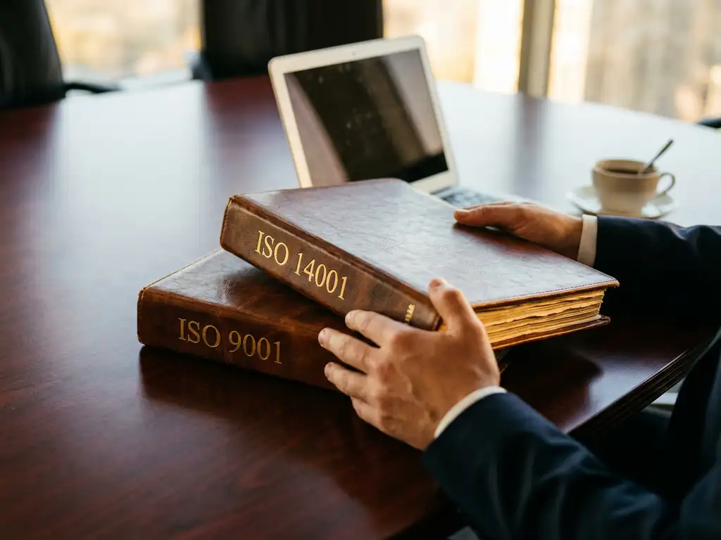 Zakenman houdt ISO-certificeringmappen vast op mahonie vergadertafel met laptop en koffiekop in kantoor