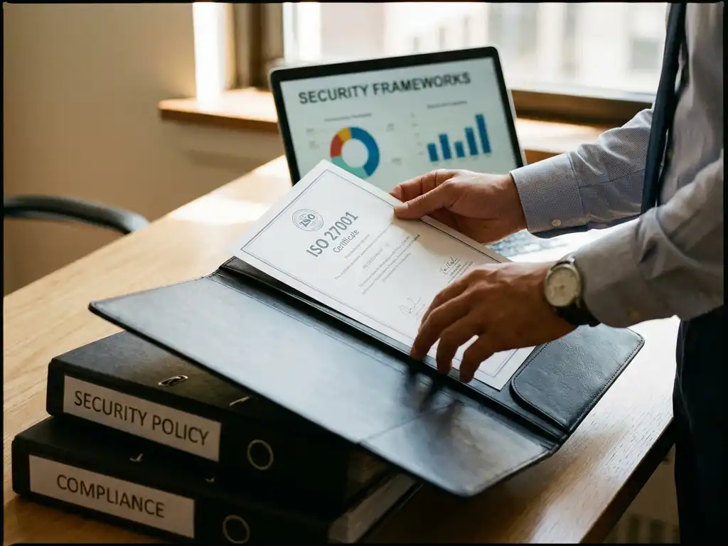 Professionele handen plaatsen vers ISO 27001 certificaat in map op bureau met compliance documenten en laptop