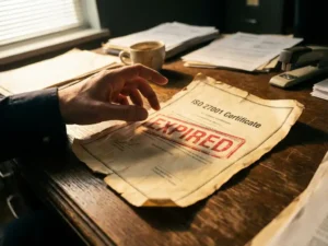 Verlopen ISO 27001 certificaat op bureau met rode "EXPIRED" stempel, zakenman reikt bezorgd naar document