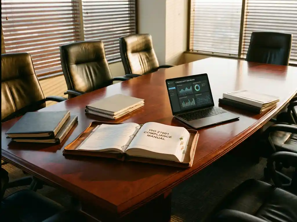Bestuurskamer met ISO 27001 handboek op mahonie tafel, laptop met cybersecurity dashboard en lege directiestoelen