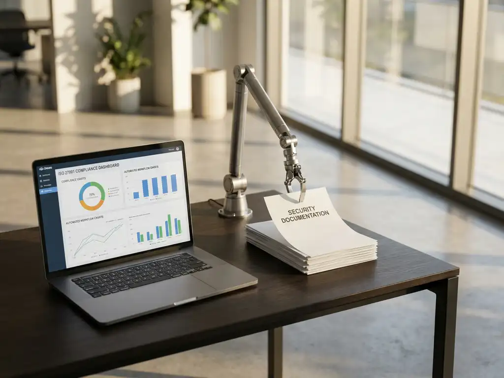Modern bureau met laptop die ISO 27001 compliance dashboard toont en robotarm die beveiligingsdocumenten organiseert