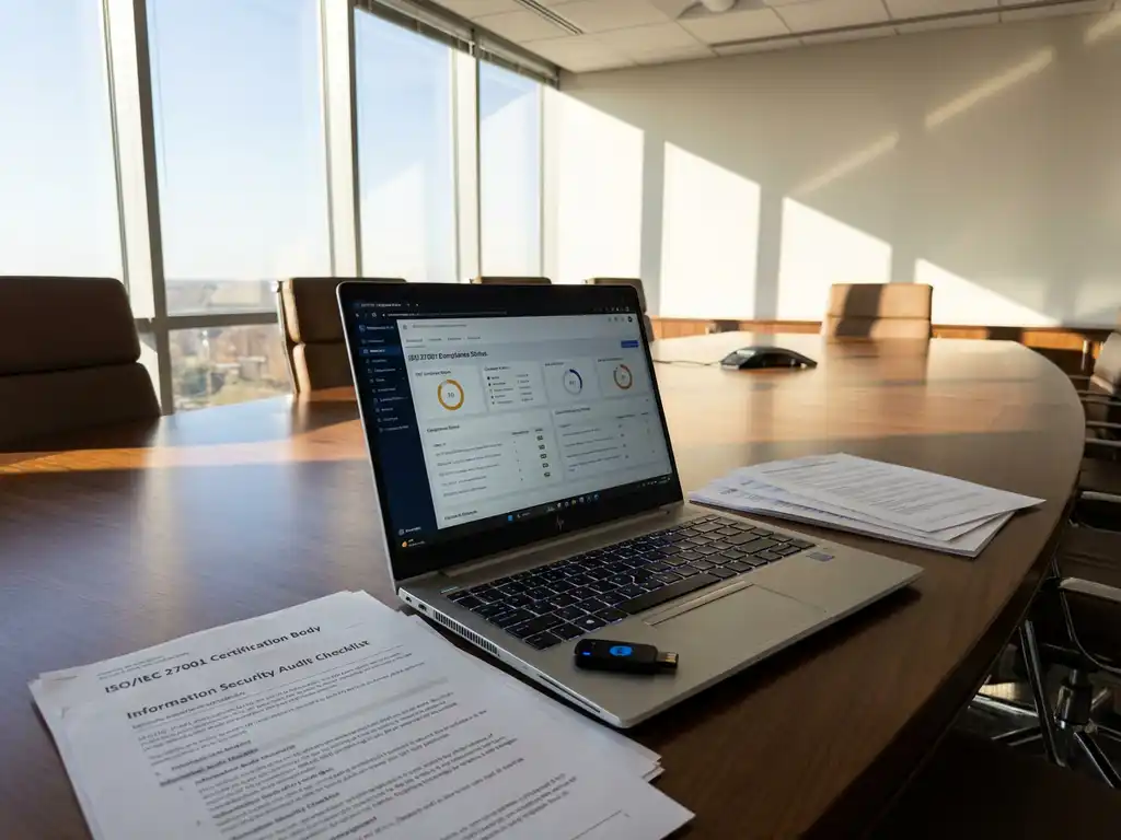 Laptop met dashboard-interface op vergadertafel met ISO 27001 certificeringsdocumenten en beveiligingssleutel
