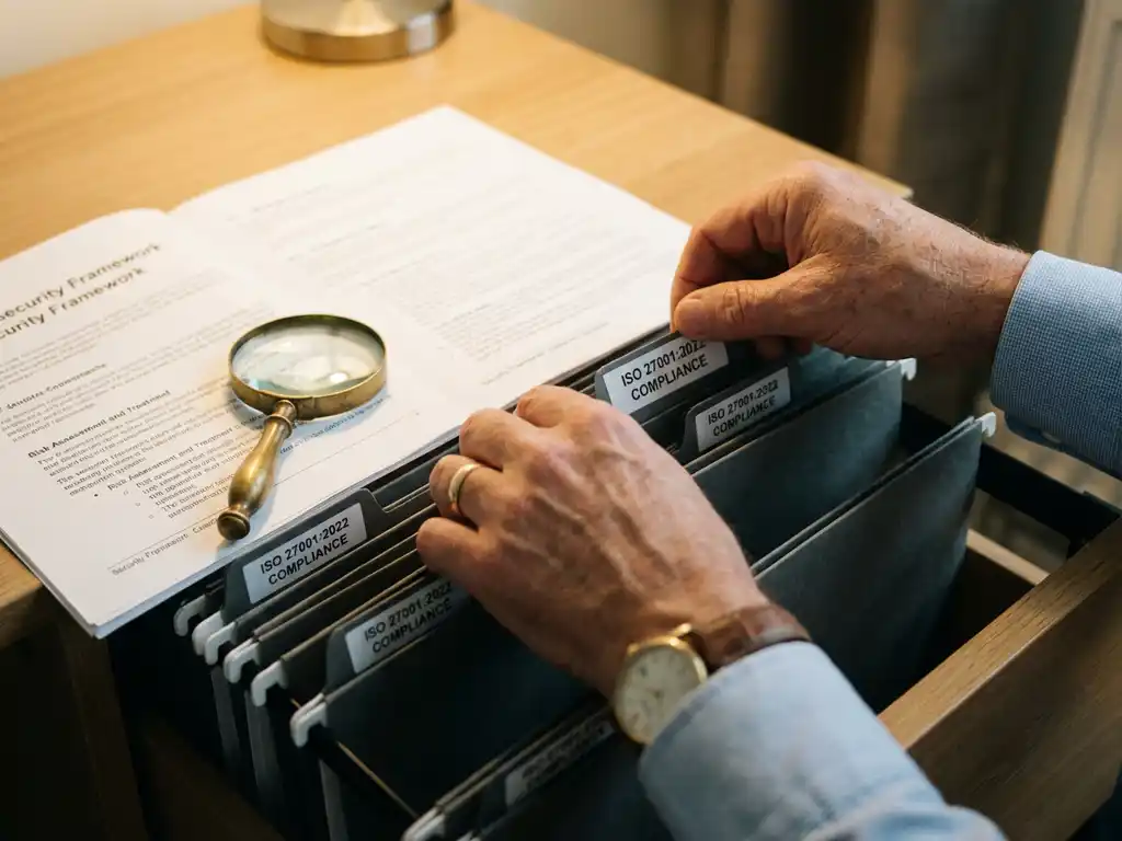 Zakelijke consultant selecteert ISO 27001 nalevingsdocumenten uit georganiseerd archiefsysteem met vergrootglas op bureau
