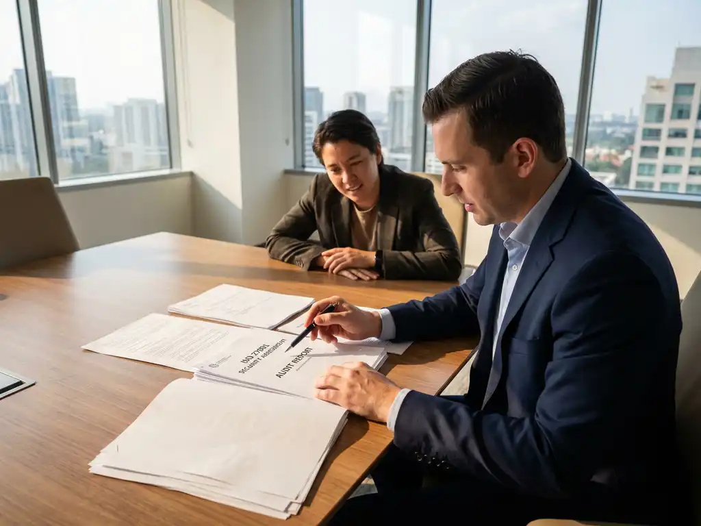 Bedrijfsconsultant bespreekt ISO 27001 certificeringsdocumenten met klant aan vergadertafel in modern kantoor