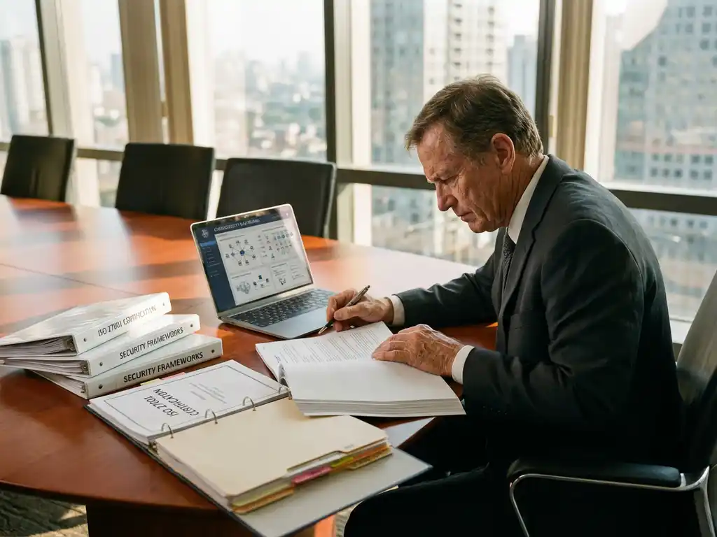Professionele consultant bestudeert ISO 27001 certificeringsdocumenten aan conferentietafel met laptop en beveiligingsframeworks