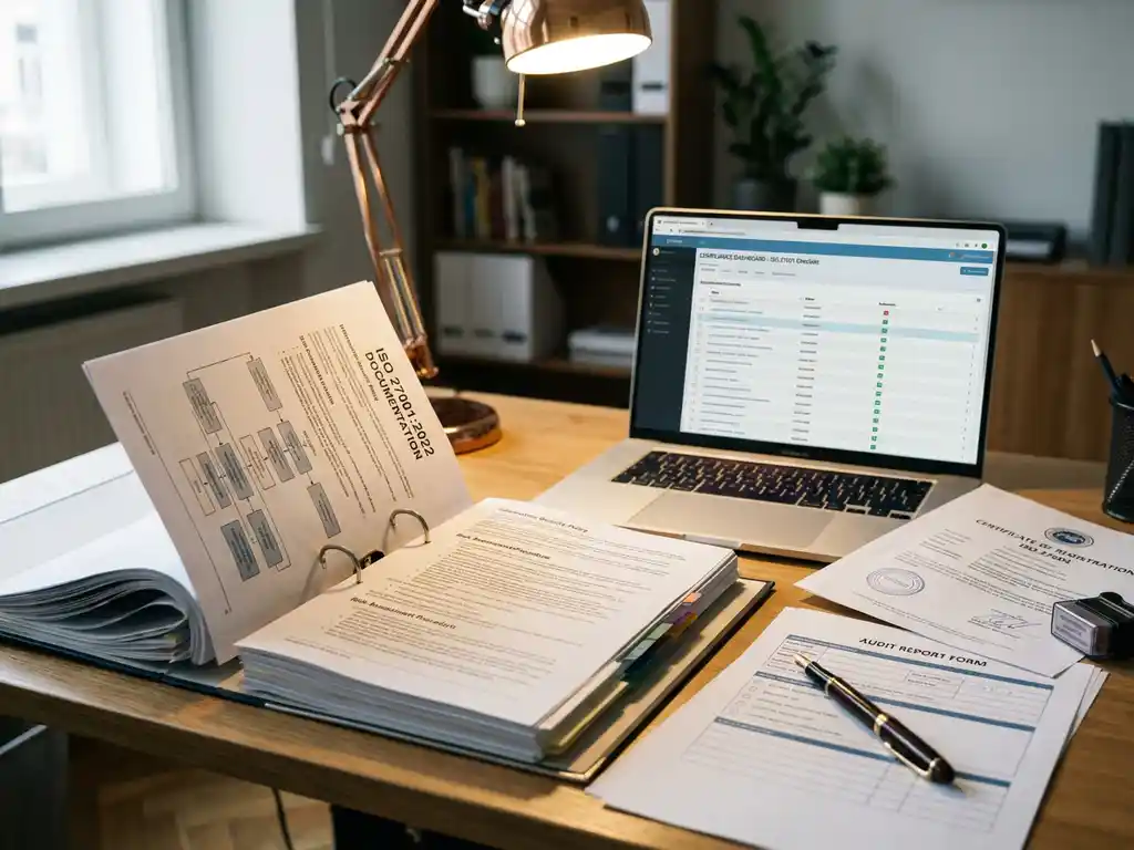 Open ISO 27001 documentatiemap op professioneel bureau met laptop, certificaten en auditformulieren onder bureaulamp