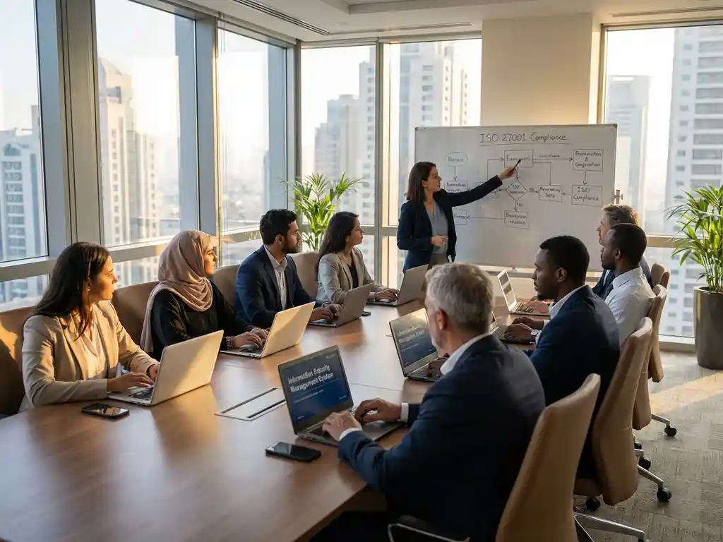 Diverse professionals in ISO 27001 training sessie met instructor bij whiteboard in moderne vergaderruimte