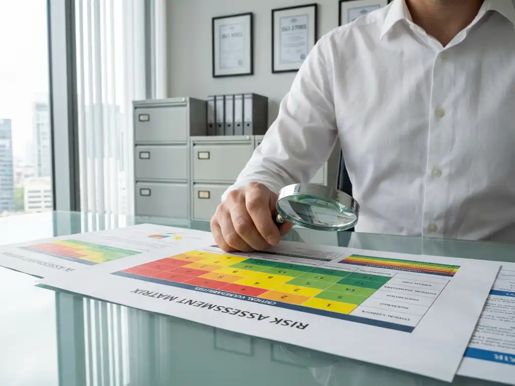 Bedrijfsanalist onderzoekt risicobeoordelingsmatrix met vergrootglas op modern kantoor met ISO-certificaten op achtergrond