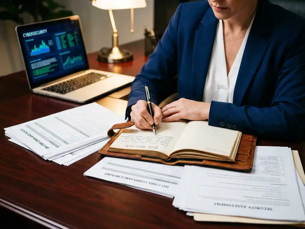 Zakenvrouw schrijft in risicoregister met ISO 27001 compliance documenten en laptop op bureau