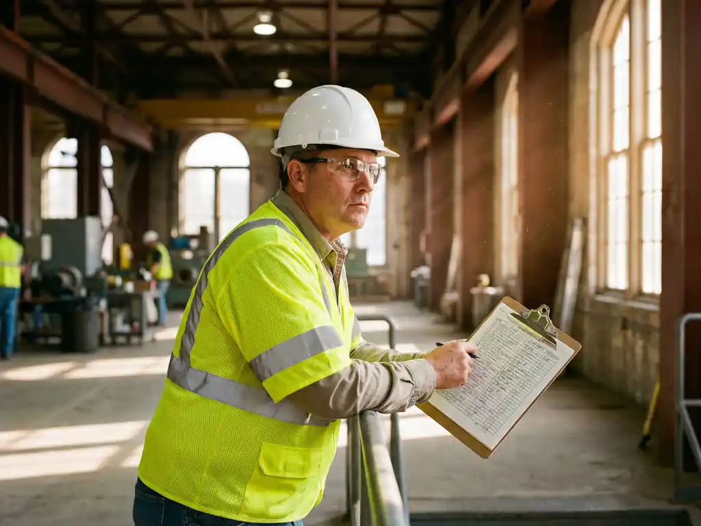 Veiligheidsconsulent in helm en hesje controleert checklist in moderne industriële werkruimte