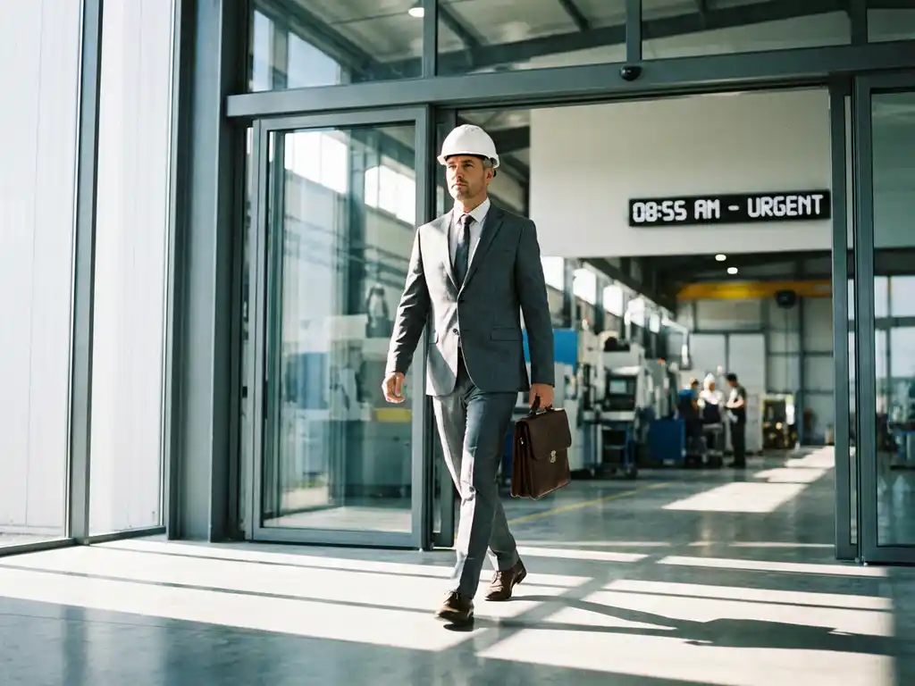 Professionele veiligheidsconsultant in pak en helm betreedt moderne industriële faciliteit met aktetas