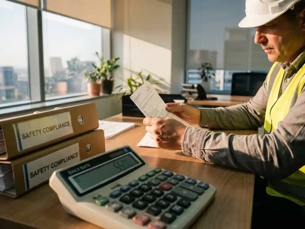 Veiligheidsconsultant in witte helm en hesje bekijkt documenten aan bureau met rekenmachine en compliancemappen
