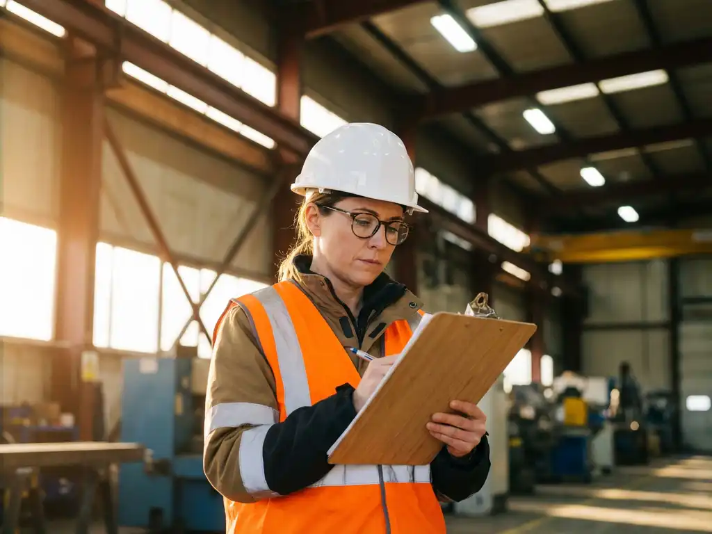 Veiligheidsinspecteur met witte helm en hesje controleert checklist in moderne industriële faciliteit