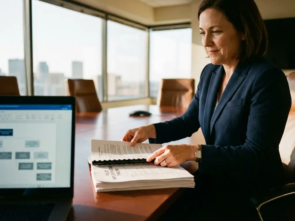 Zakelijke consultant organiseert beleidsdocumenten op vergadertafel met laptop en natuurlijk licht in bestuurskamer
