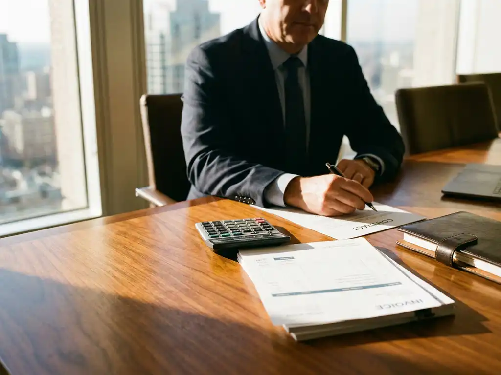 Bedrijfsconsultant in pak aan conferentietafel met rekenmachine, facturen en contract in kantoor met natuurlijk licht