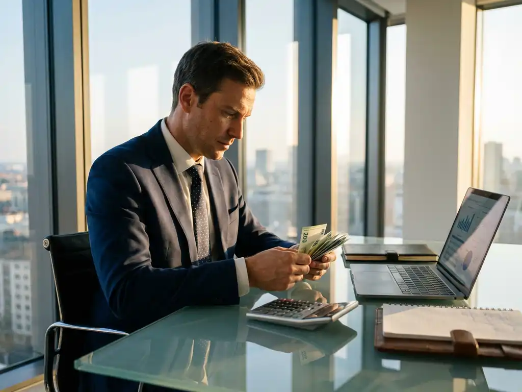 Professionele consultant telt eurobiljetten aan glazen bureau met calculator en laptop met financiële spreadsheets