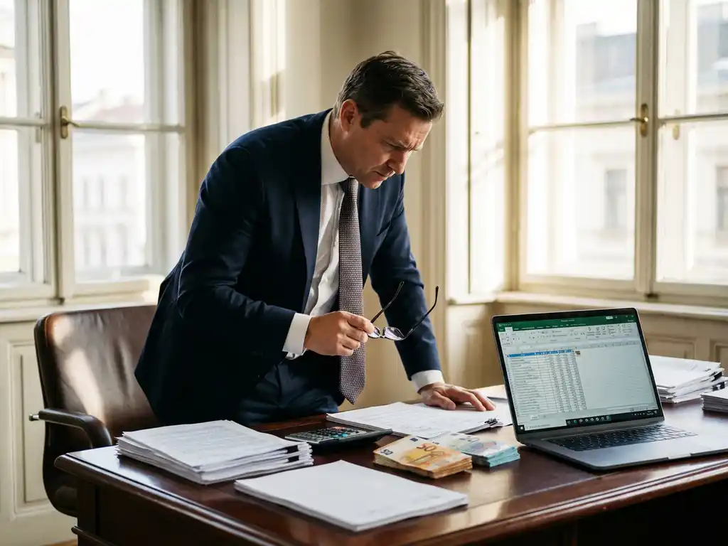 Zakelijke consultant in marineblauw pak bekijkt financiële documenten aan bureau met laptop, rekenmachine en eurobiljetten