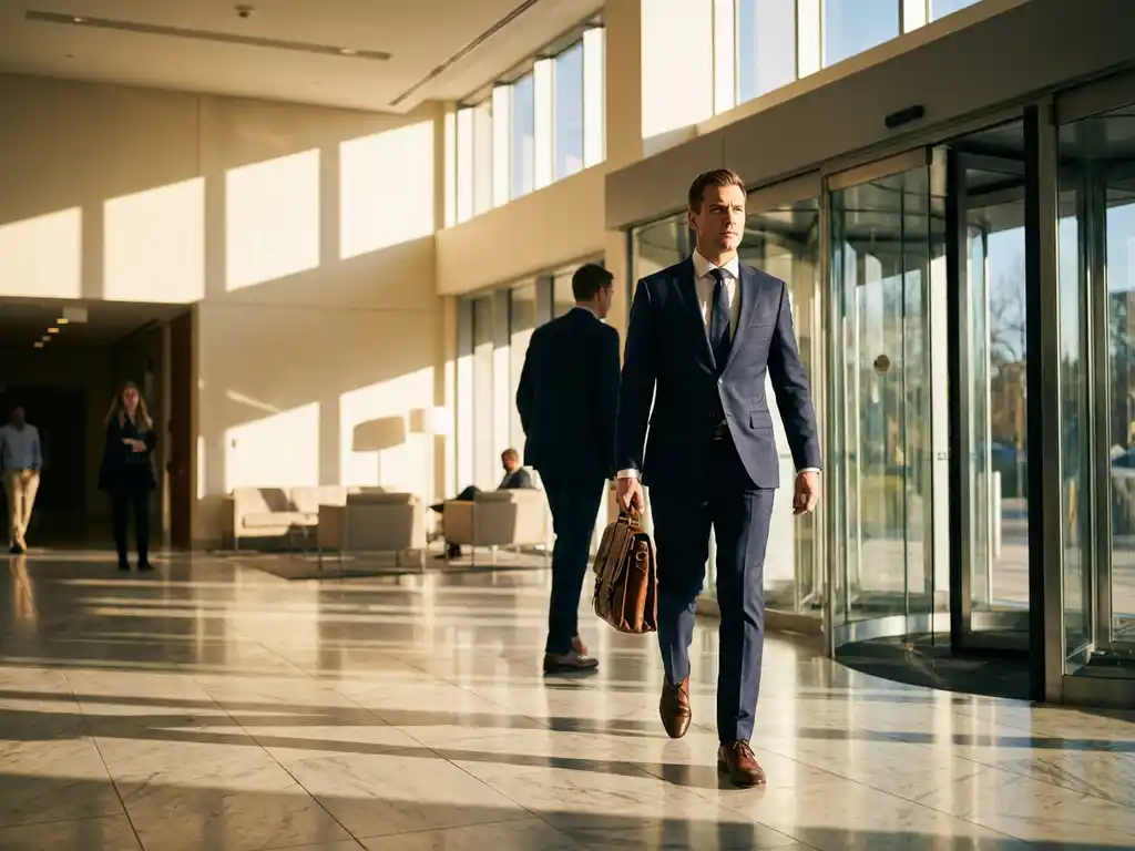 Zakenman in marineblauw pak loopt door glazen kantoordeuren met aktetas, ochtendlicht in moderne lobby