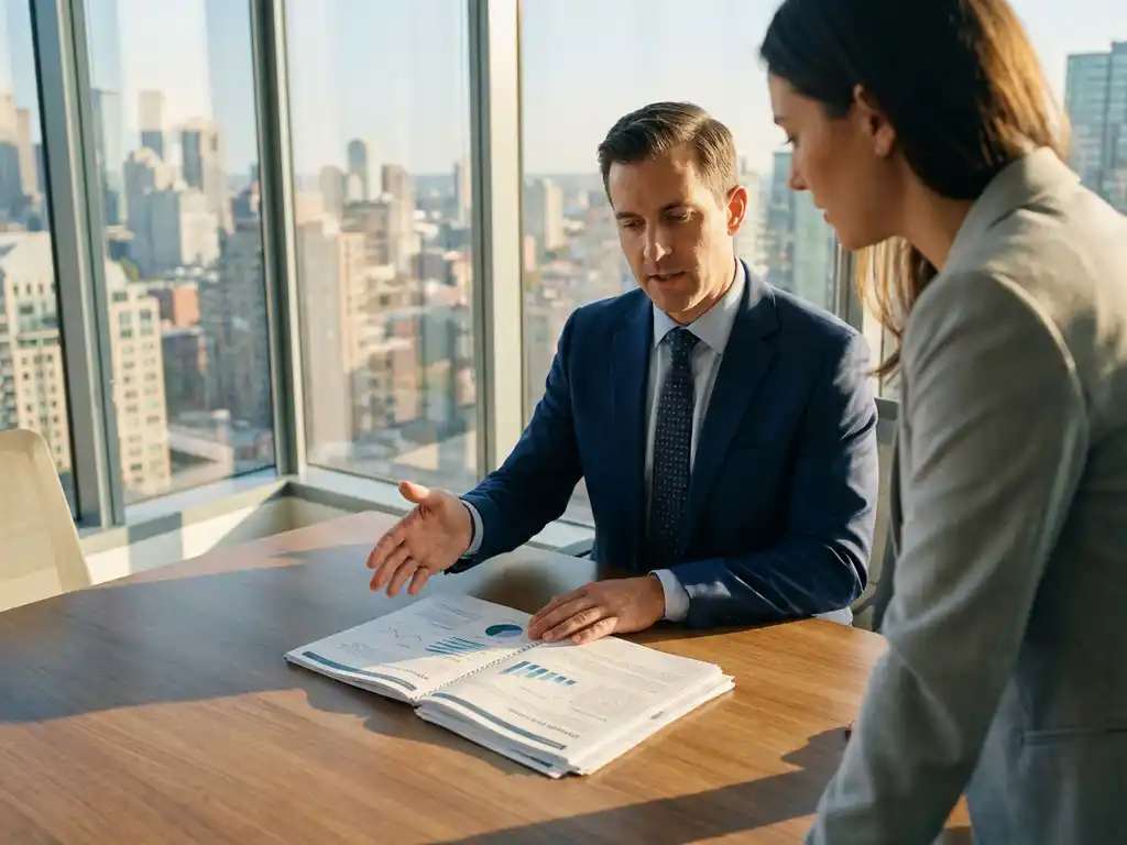 Zakelijke manager in marineblauw pak bespreekt strategiedocumenten met klant aan vergadertafel in modern kantoor