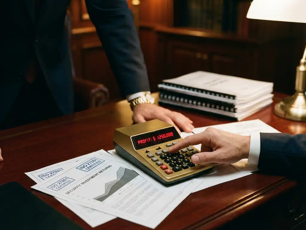 Zakenman in pak bekijkt gouden calculator met winstcijfers op mahonie bureau met ISO 27001 certificaten