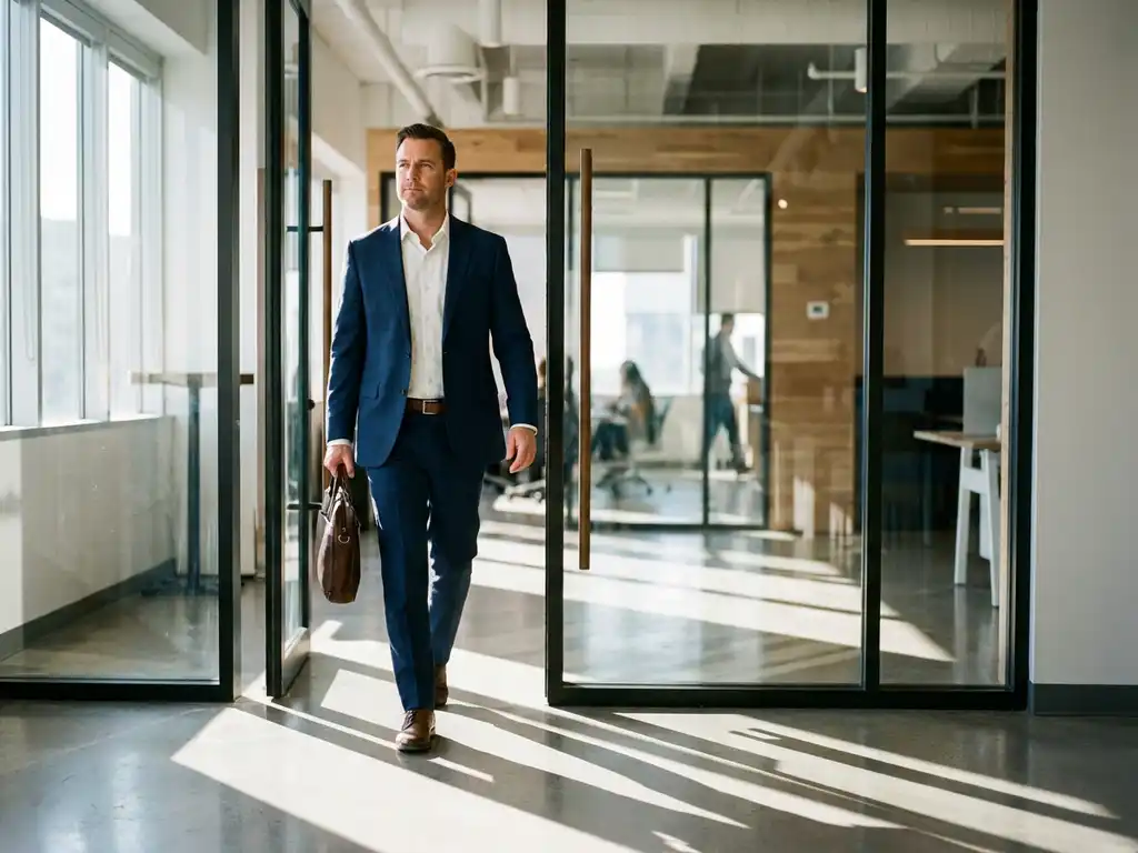 Professionele bedrijfsconsultant in pak loopt zelfverzekerd door glazen kantoordeuren met aktetas in moderne werkomgeving