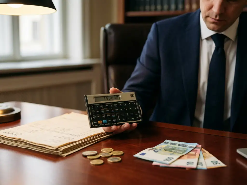 Zakenman in pak berekent financiën met rekenmachine, facturen en euro bankbiljetten op bureau