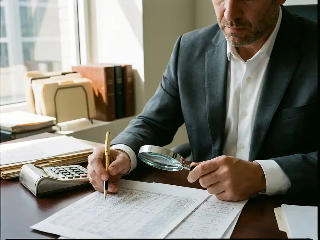 Zakenman in pak bestudeert financiële documenten op mahonie bureau met rekenmachine en gouden pen