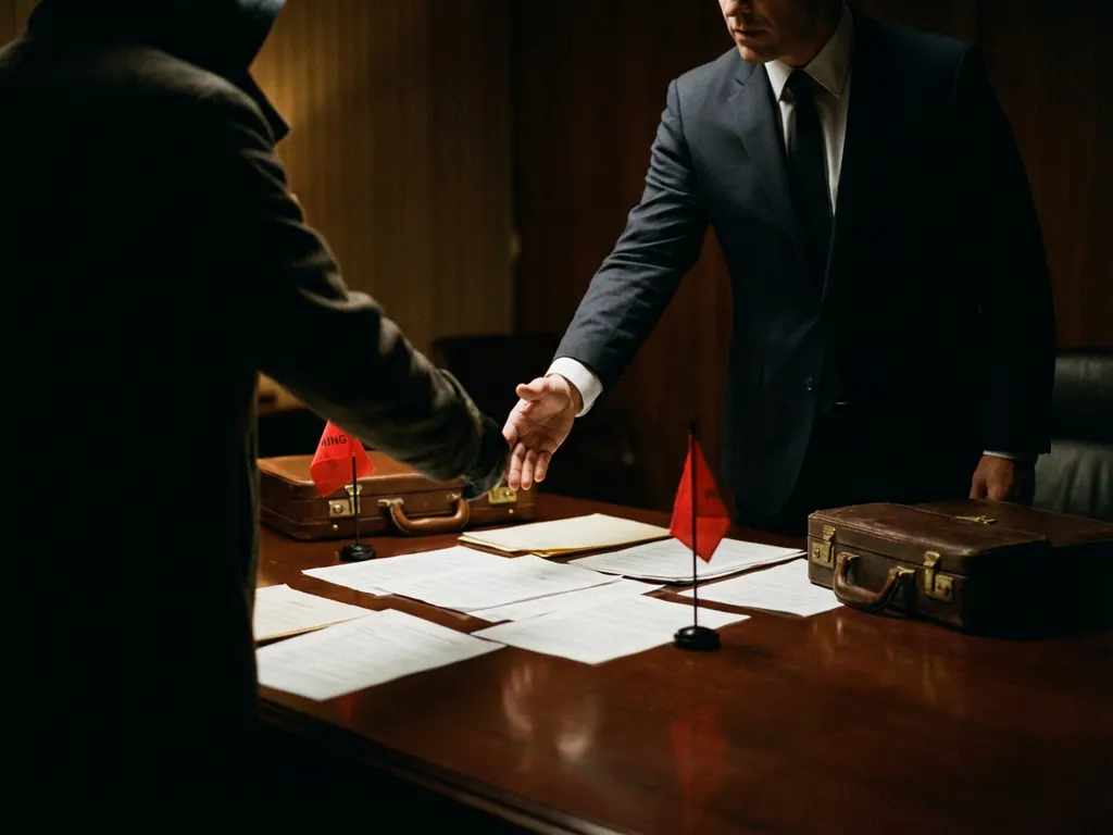 Zakenman in pak schudt handen met schaduwfiguur over contractdocumenten met rode waarschuwingsvlaggen op tafel