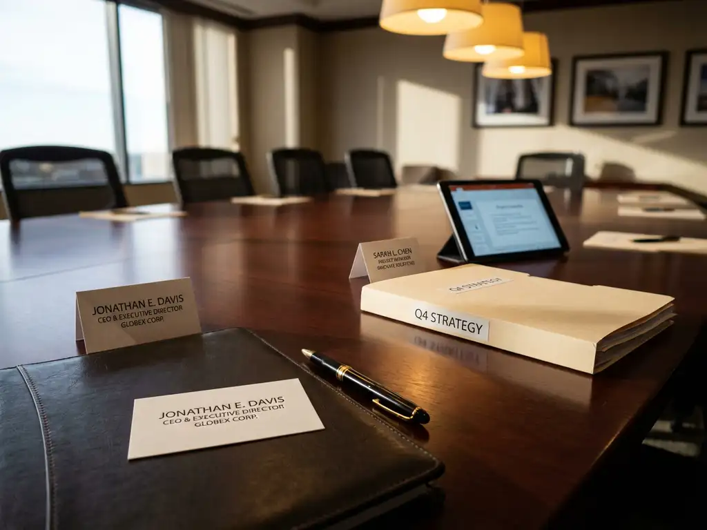 Mahonie vergadertafel met twee visitekaartjes, leren portfolio, gouden pen en tablet in professionele boardroom