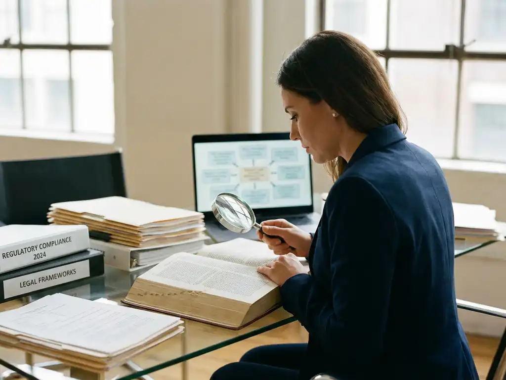 Professionele zakenvrouw in marineblauw pak bestudeert juridische documenten aan glazen bureau in modern kantoor