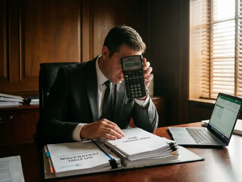Zakenman in donker pak analyseert financiële documenten en calculator op mahonie bureau met laptop en spreadsheets