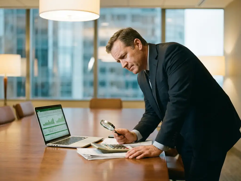 Zakenman in pak analyseert financiële documenten met rekenmachine en laptop op vergadertafel in kantoor