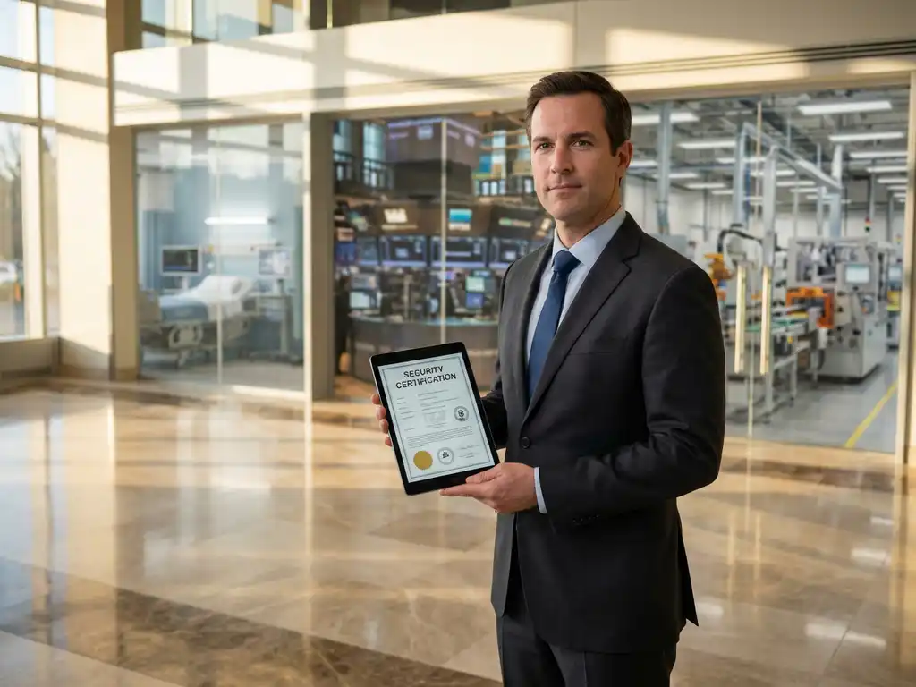 Zakenman in pak toont beveiligingscertificaten op tablet in moderne kantoorlobby met glazen wanden