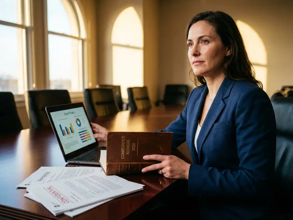 Professionele zakenvrouw in marineblauw pak met compliance handboek en laptop met gegevensbeschermingsgrafieken