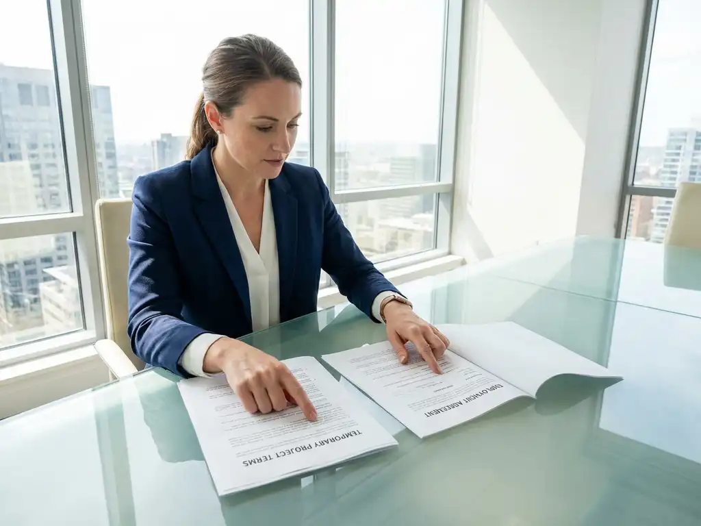 Zakenvrouw in marineblauw jasje bekijkt contractdocumenten aan glazen vergadertafel in modern kantoor