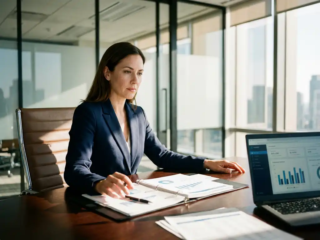 Professionele zakenvrouw analyseert kwaliteitscontrole documenten aan vergadertafel met laptop en grafieken