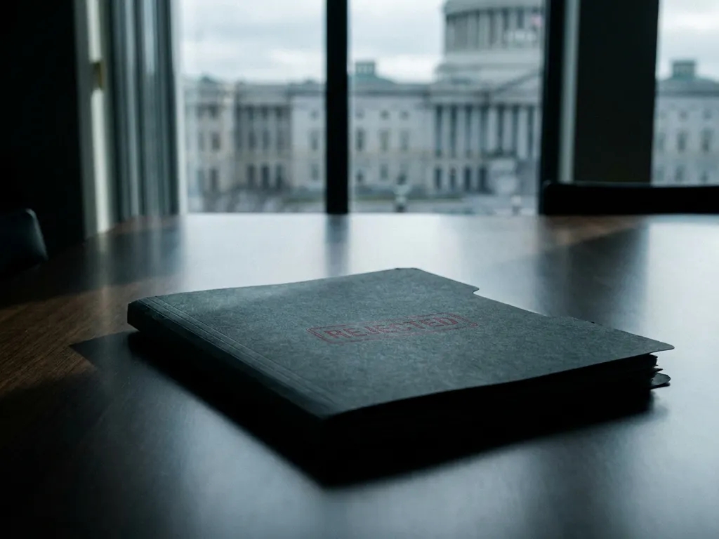 Gesloten aanbestedingsdossier met rood afkeurstempel op vergadertafel, overheidsgebouw zichtbaar op de achtergrond.