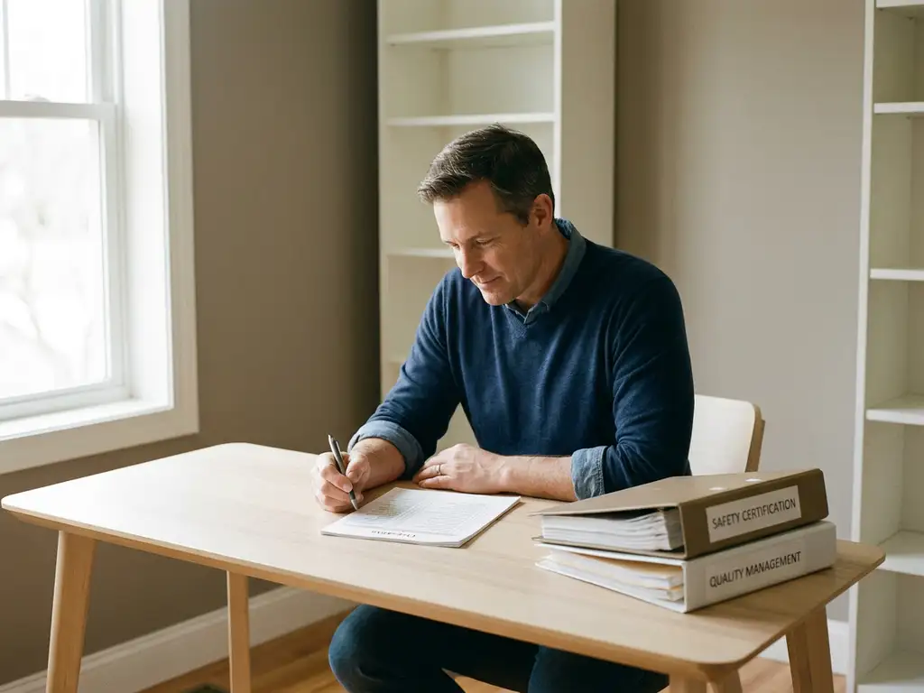 Professionele adviseur bekijkt een gedetailleerde checklist aan een modern bureau, met certificeringsmappen en natuurlijk licht op de achtergrond.