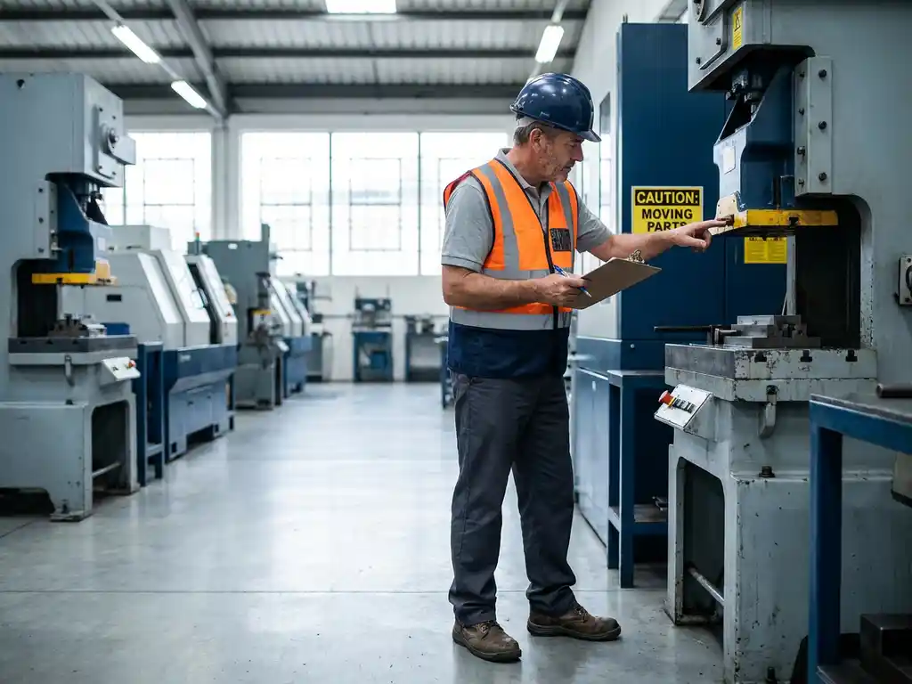 Arbeidsinspecteur met helm en officieel vest voert veiligheidsaudit uit op industriële werkvloer, klembord in hand.