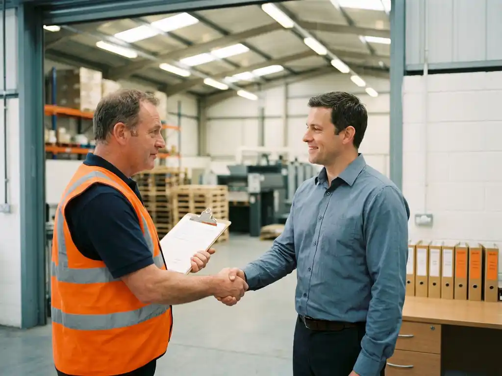 Arbeidsinspecteur in veiligheidsvest met klembord begroet sitemanager bij ingang industriële faciliteit, veiligheidsdocumentatie zichtbaar op bureau.