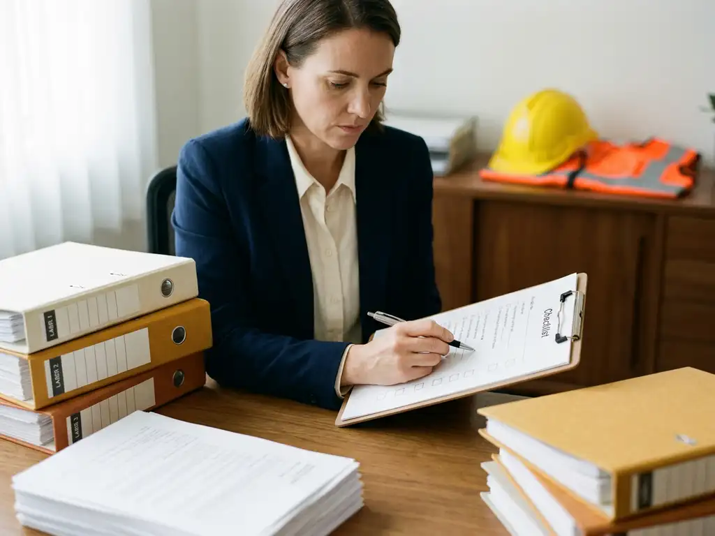 Professional controleert auditchecklist op klembord aan bureau met compliance-documenten, veiligheidshelm en hesje op achtergrond.