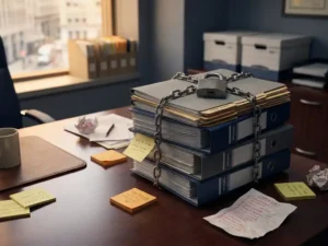 Stapel auditdocumenten en ordners op kantoorbureau, afgesloten met een groot hangslot, omringd door sticky notes en rood gemarkeerde checklists.