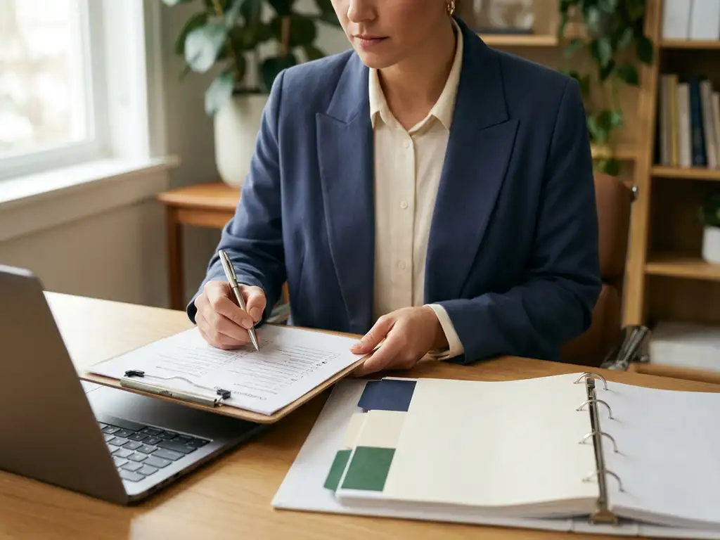 Auditor controleert gestructureerde checklist op klembord aan zakelijk bureau, naast een ringband met gekleurde tabbladen.
