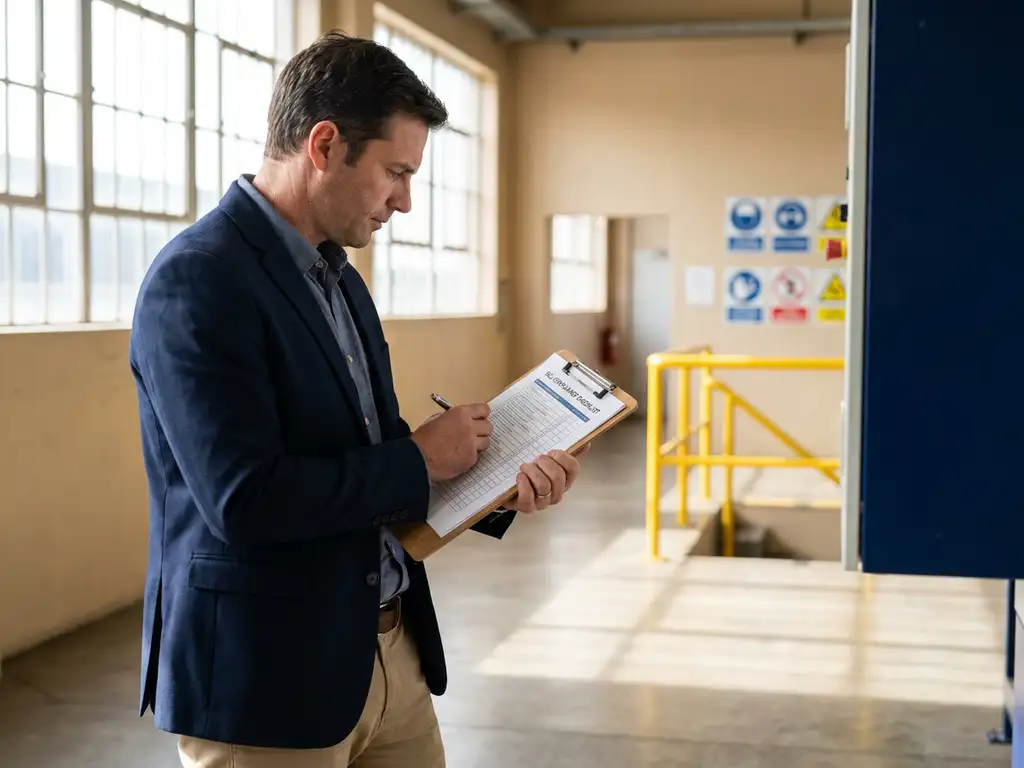 Auditor in zakelijke kleding controleert SCL-compliance checklist op klembord in industriële faciliteit met veiligheidsborden op achtergrond.
