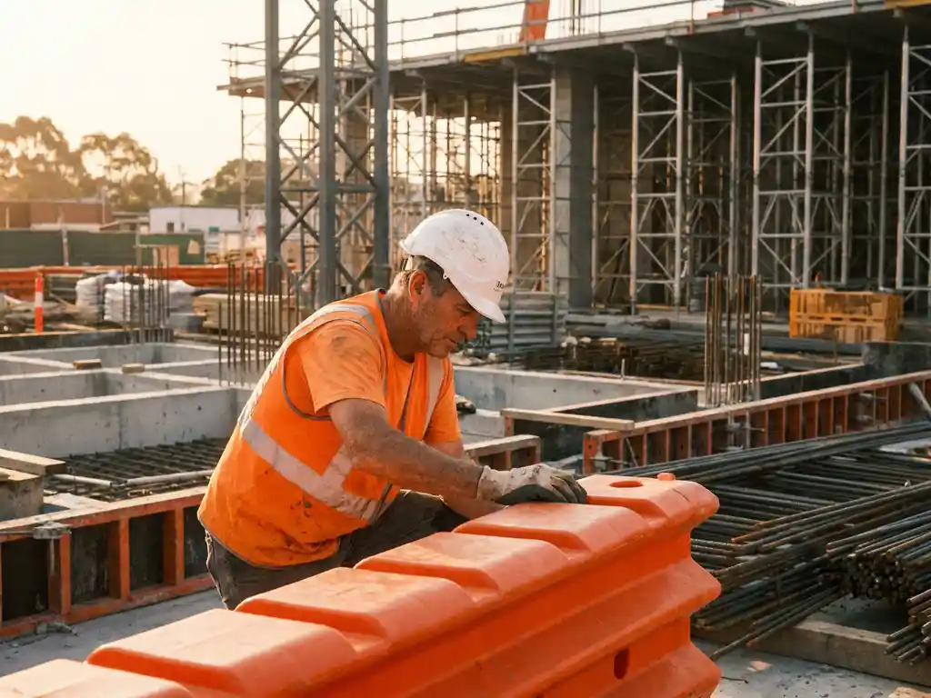 Bouwvakker in oranje veiligheidsvest en witte helm inspecteert veiligheidsbarrière op bouwplaats met betonnen fundering en steigers.