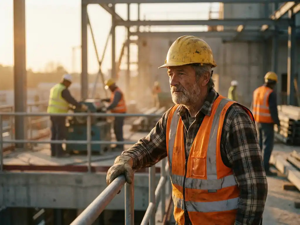 Ervaren bouwvakker met veiligheidshelm en hesje leunt op stalen reling op industriële werkplek, collega's op achtergrond.