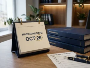 Bureaukalender opengeslagen op een gemarkeerde mijlpaaldatum, omringd door certificeringmappen en een pen op een checklist op een houten bureau.