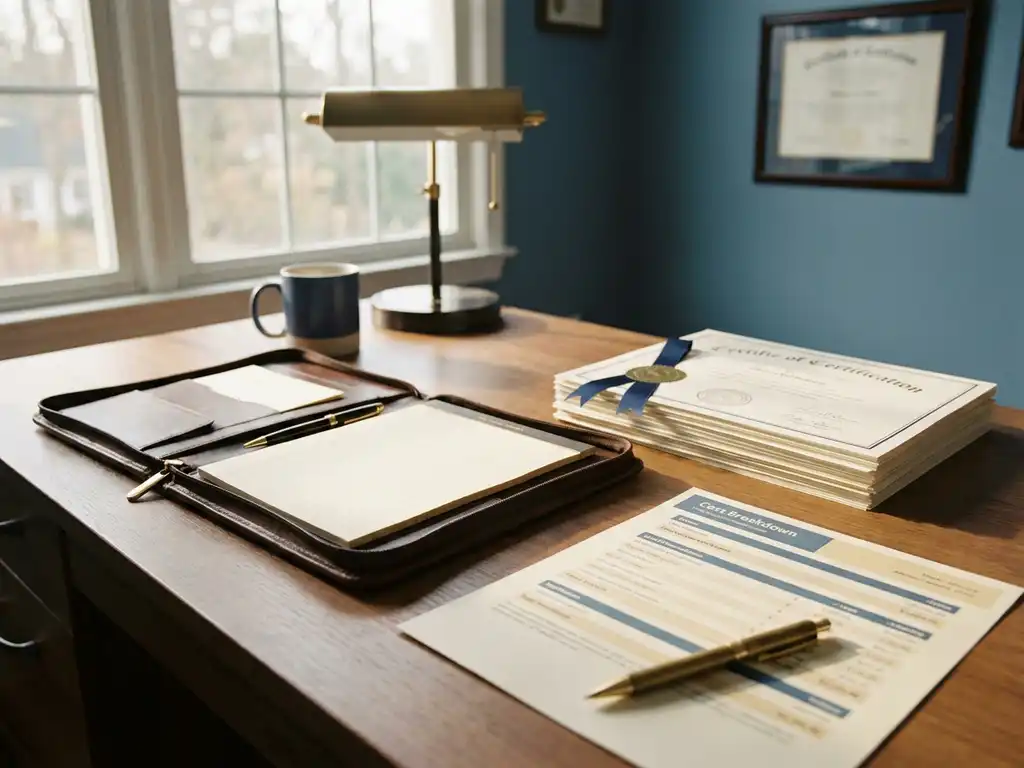Bureau van consultant met open leren portfolio, officiële certificeringsdocumenten en pen naast kostenoverzicht in warm kantoorlicht.