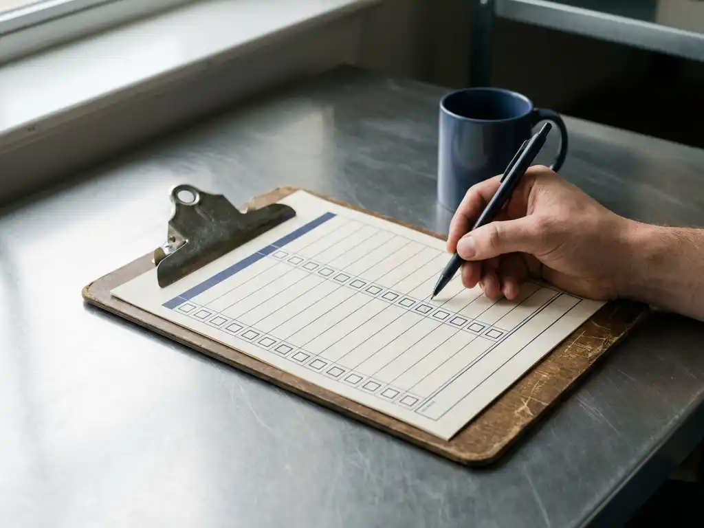 Versleten klembord met gestructureerde checklist op industrieel bureau naast koffiekop, pen bij eerste selectievakje, zacht natuurlijk licht.
